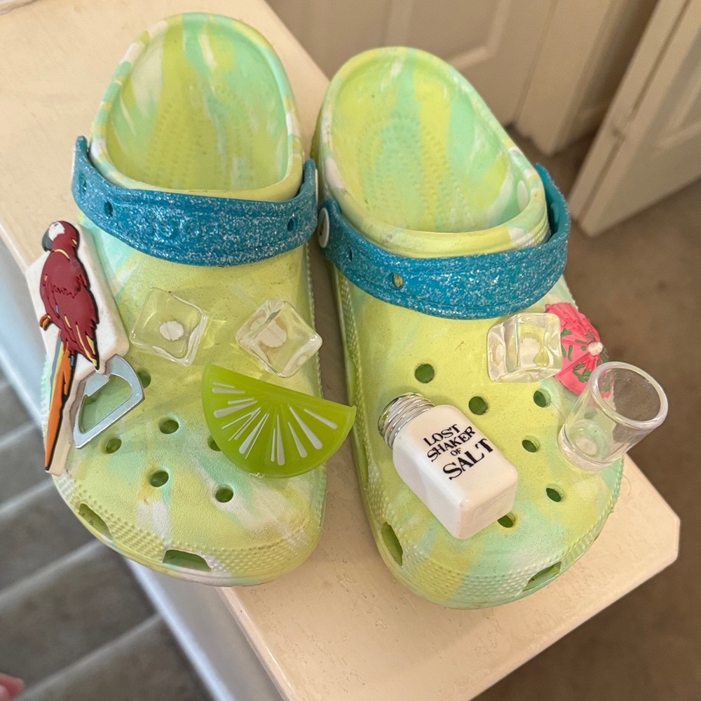 CROCS Lime and Teal Clogs with Charms